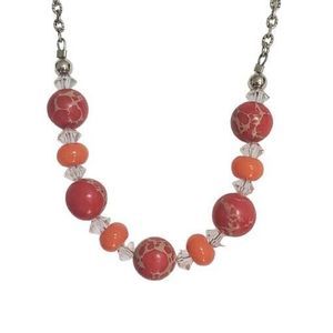 12" Silver Tone Orange Round Beaded Necklace Faceted Clear Space Beads